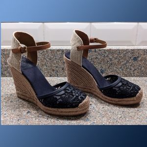 Tory Burch Navy Round Toe Espadrille 4" Wedges EUC